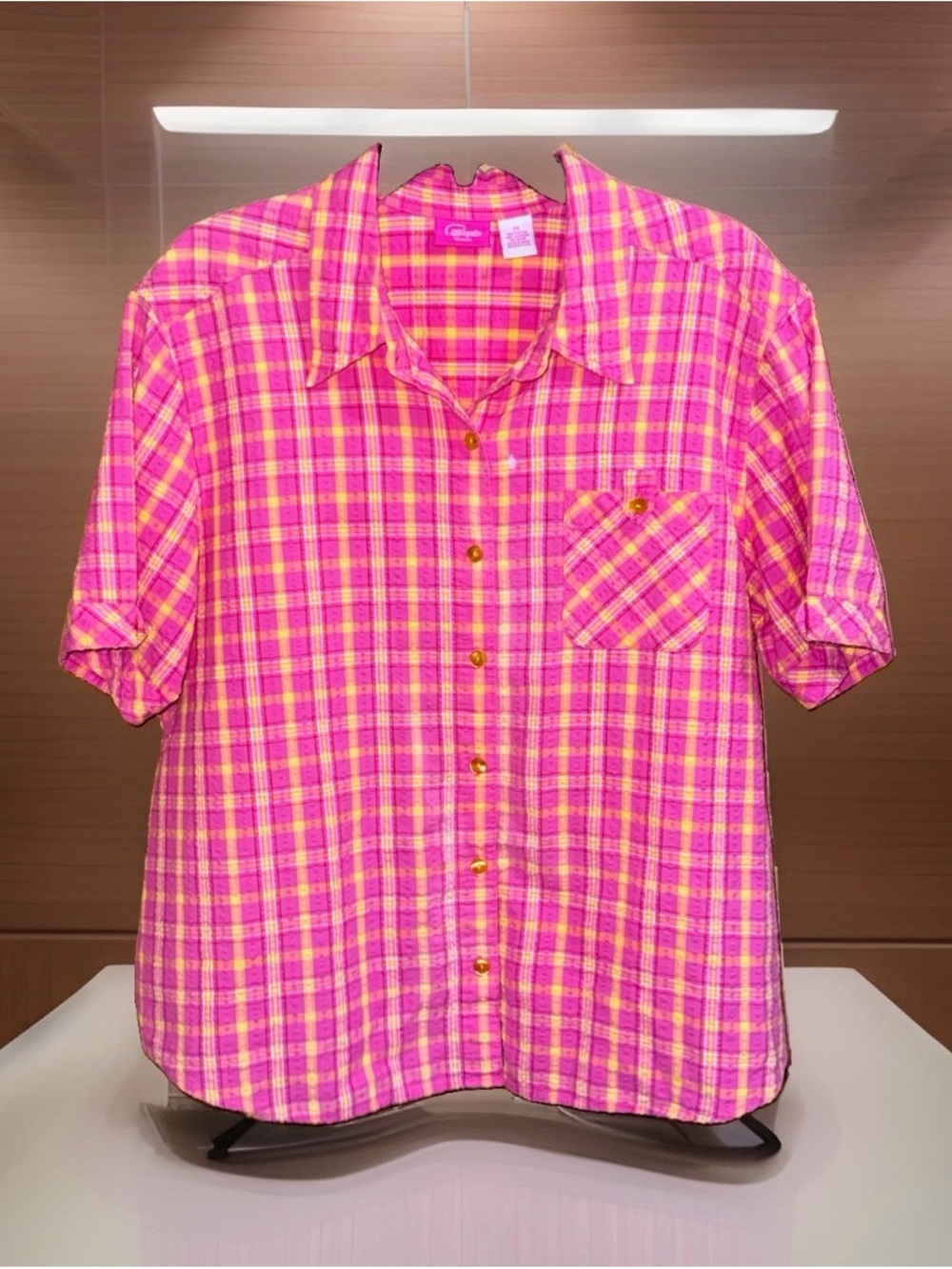Cappagallo Women's Pink & Yellow Plaid Short-Sleeve Button-Down Shirt-2X-GC